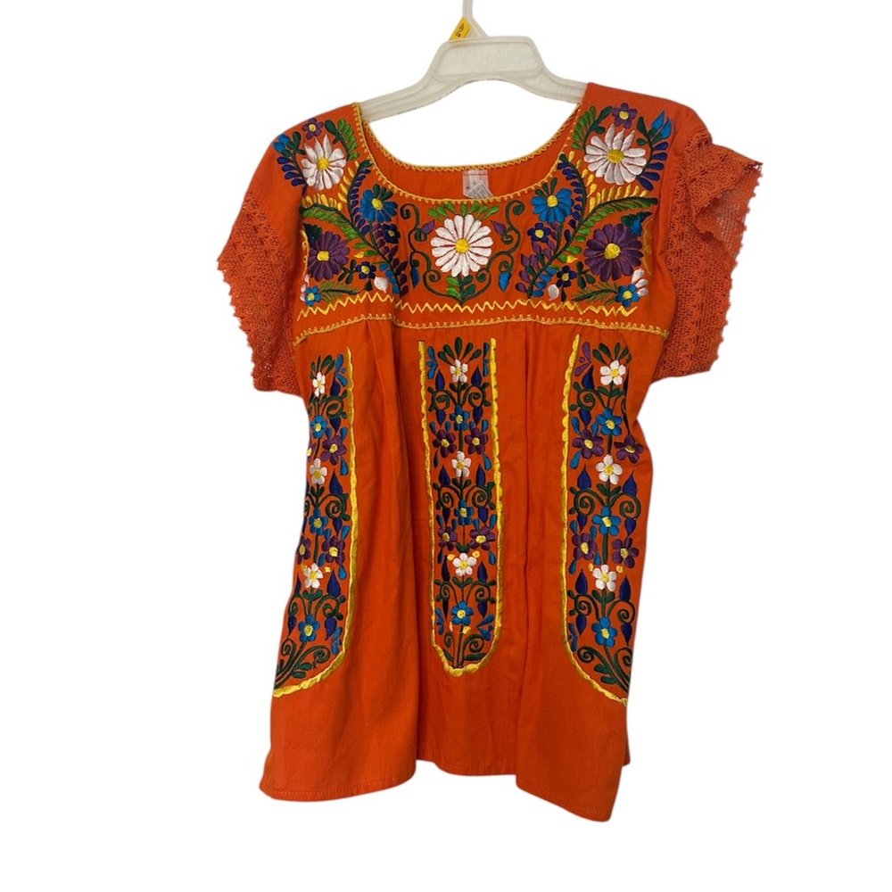 Mexicana Orange Floral Embroidered Blouse
